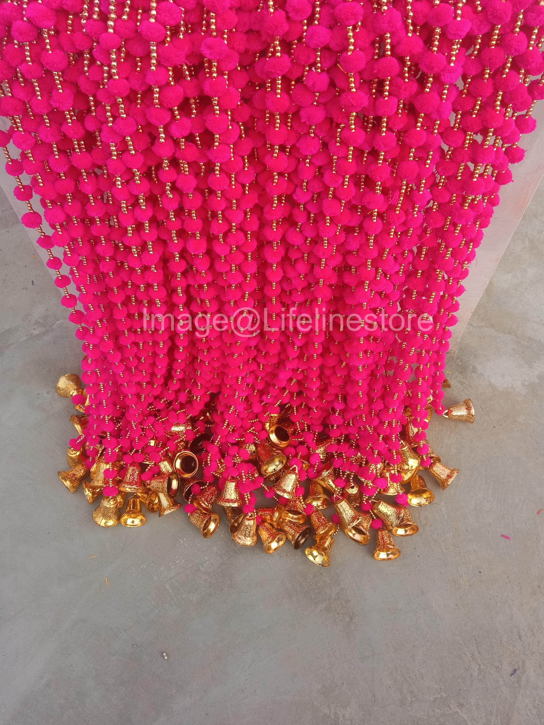 Indian Pom Pom Bell Garland – Handmade Wedding & Mehndi Backdrop Decor with Artificial Marigold Flowers