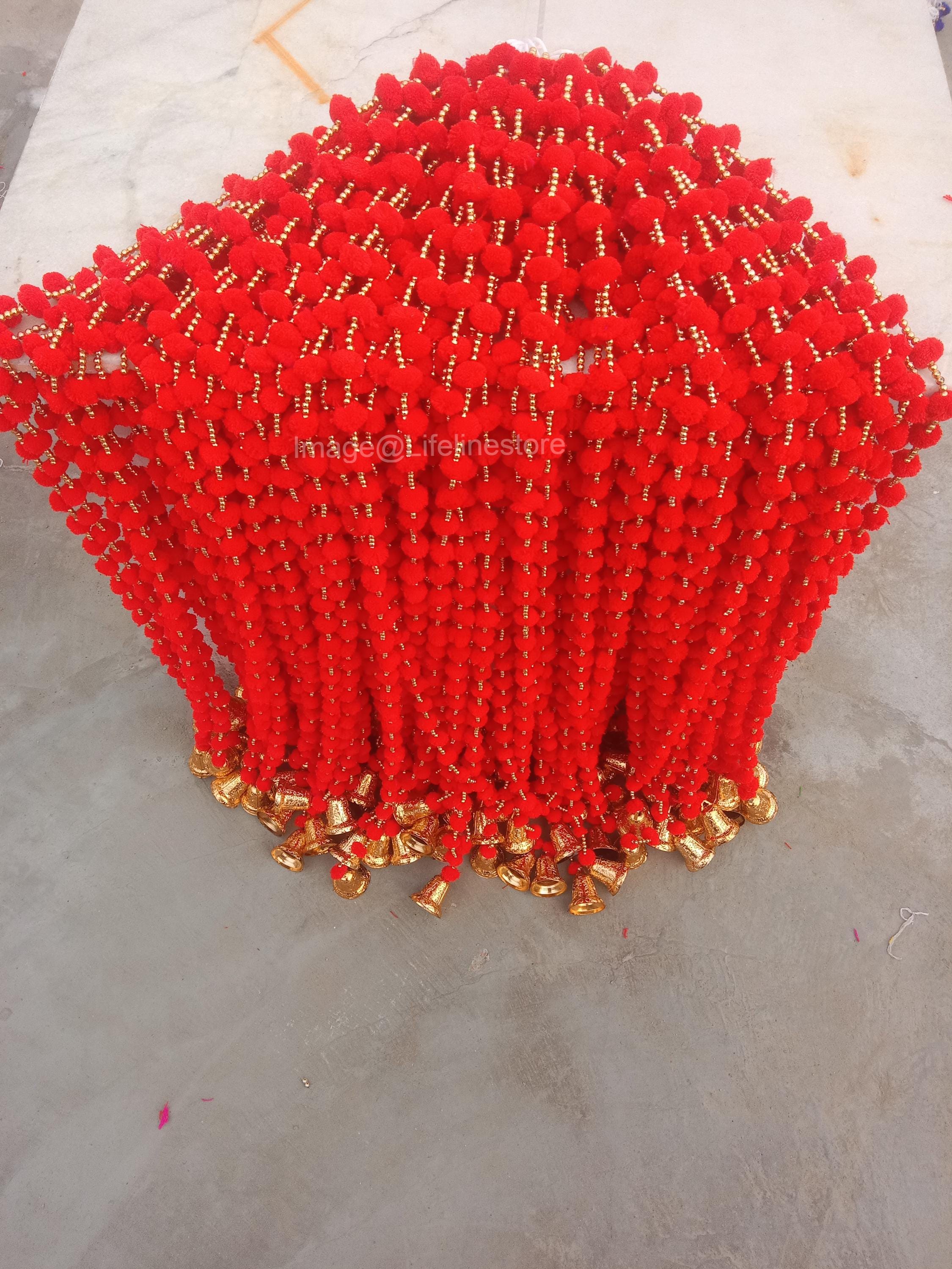 Indian Pom Pom Bell Garland – Handmade Wedding & Mehndi Backdrop Decor with Artificial Marigold Flowers